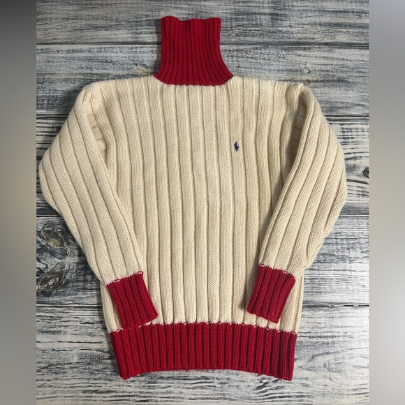 Vintage Ralph Lauren Blue Label All Wool Cream Red Turtleneck Sweater Size Large - Picture 2 of 10